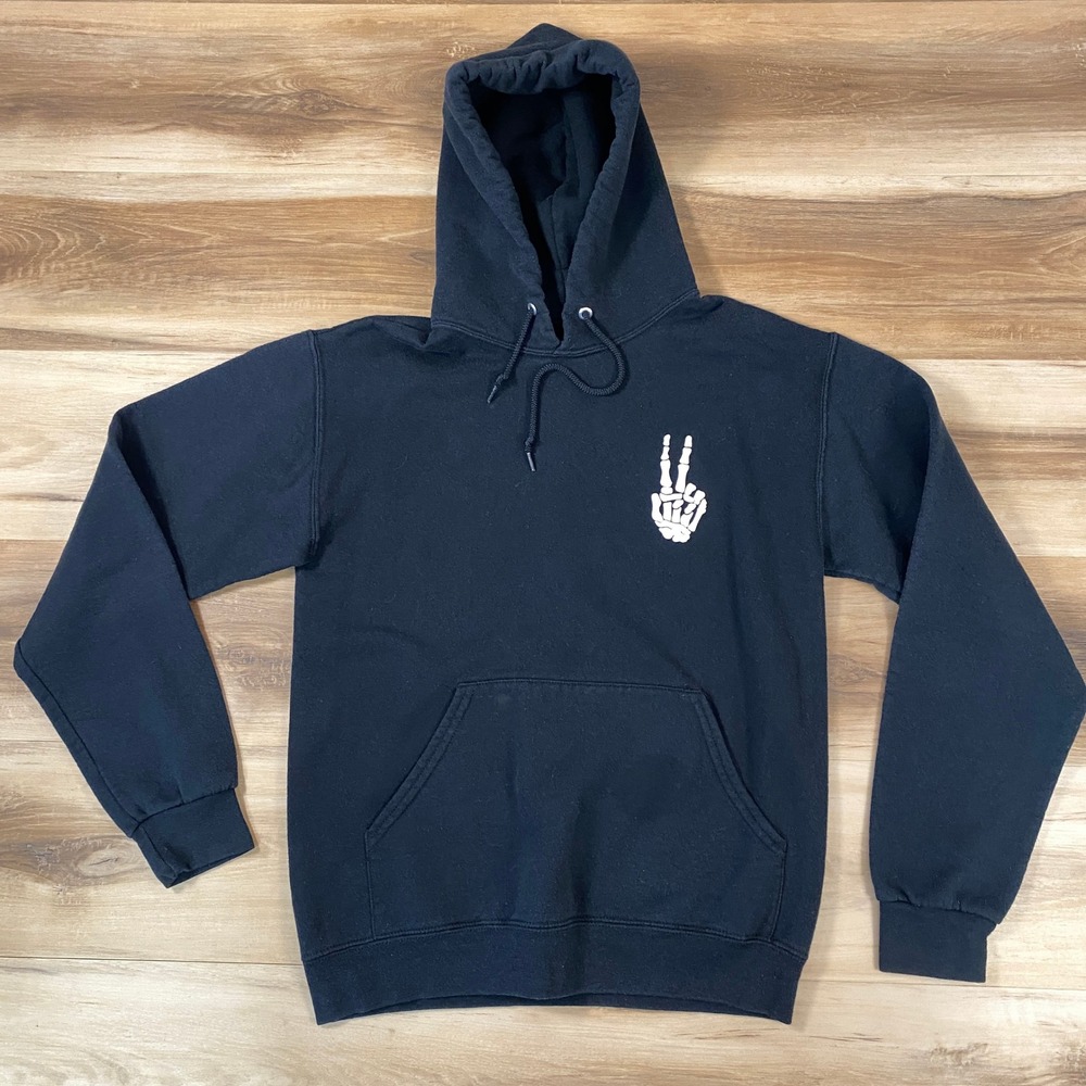Bowery Supply Co Mens Black Skeleton Peace Sign Graphic Hoodie Small